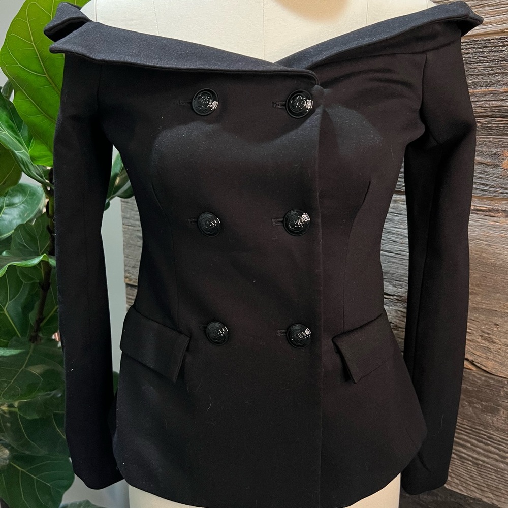 L' Agence Stephan Off-Shoulder Black Double-Breasted stretch Jacket XS - Picture 10 of 10
